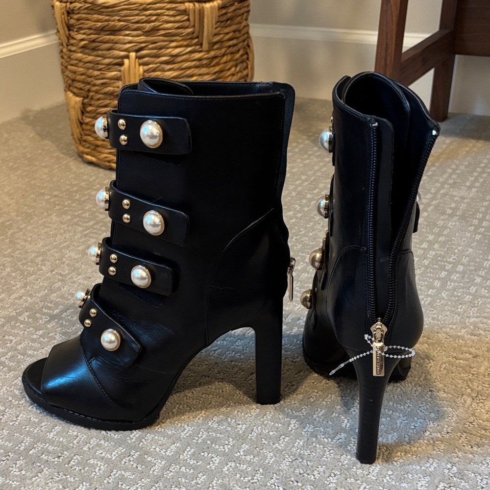 SALE! NWOT Karl Lagerfeld Brayden Pearl & Gold Stud Embellished Booties, 9 - Picture 2 of 11